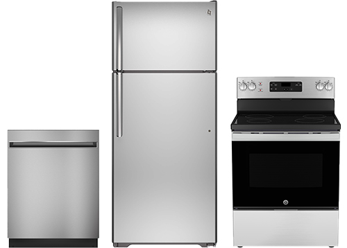 GE 3PC 18 Cu. Ft. Top-Freezer Refrigerator, Electric Range and 24" Built-In Dishwasher Set