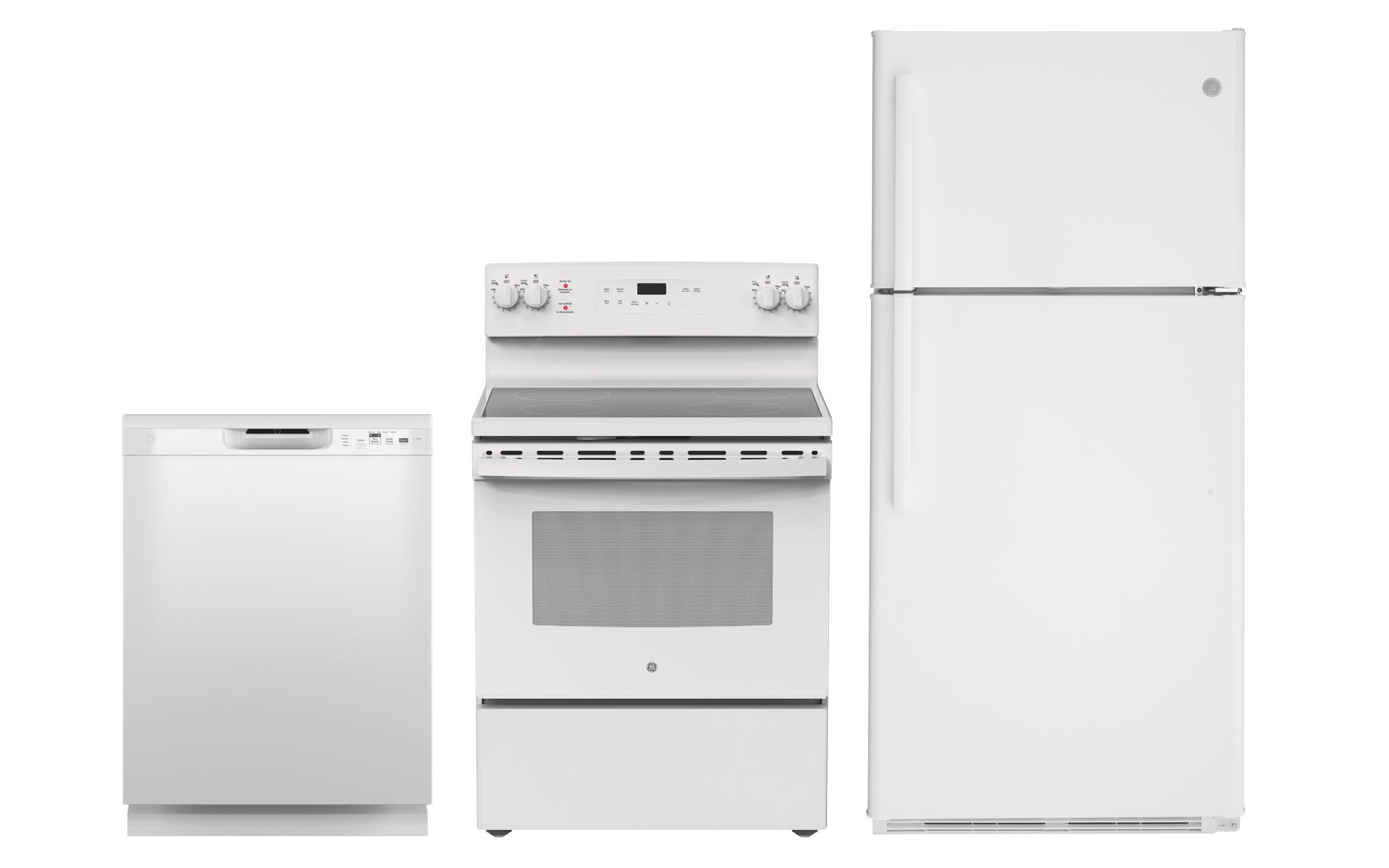 18 Cu.Ft. Refrigerator & 30" Range w/ Storage Drawer & 24" Built-In Front Control Dishwasher White